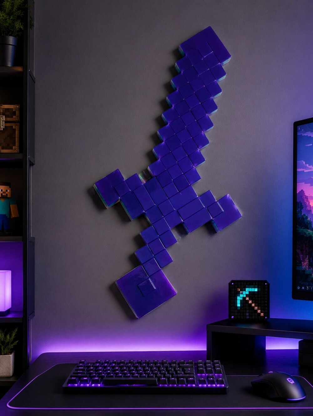 Minecraft Style Pixelated Plastic Sword Purple Blue Iridescent 19" Toy Prop Cosp
